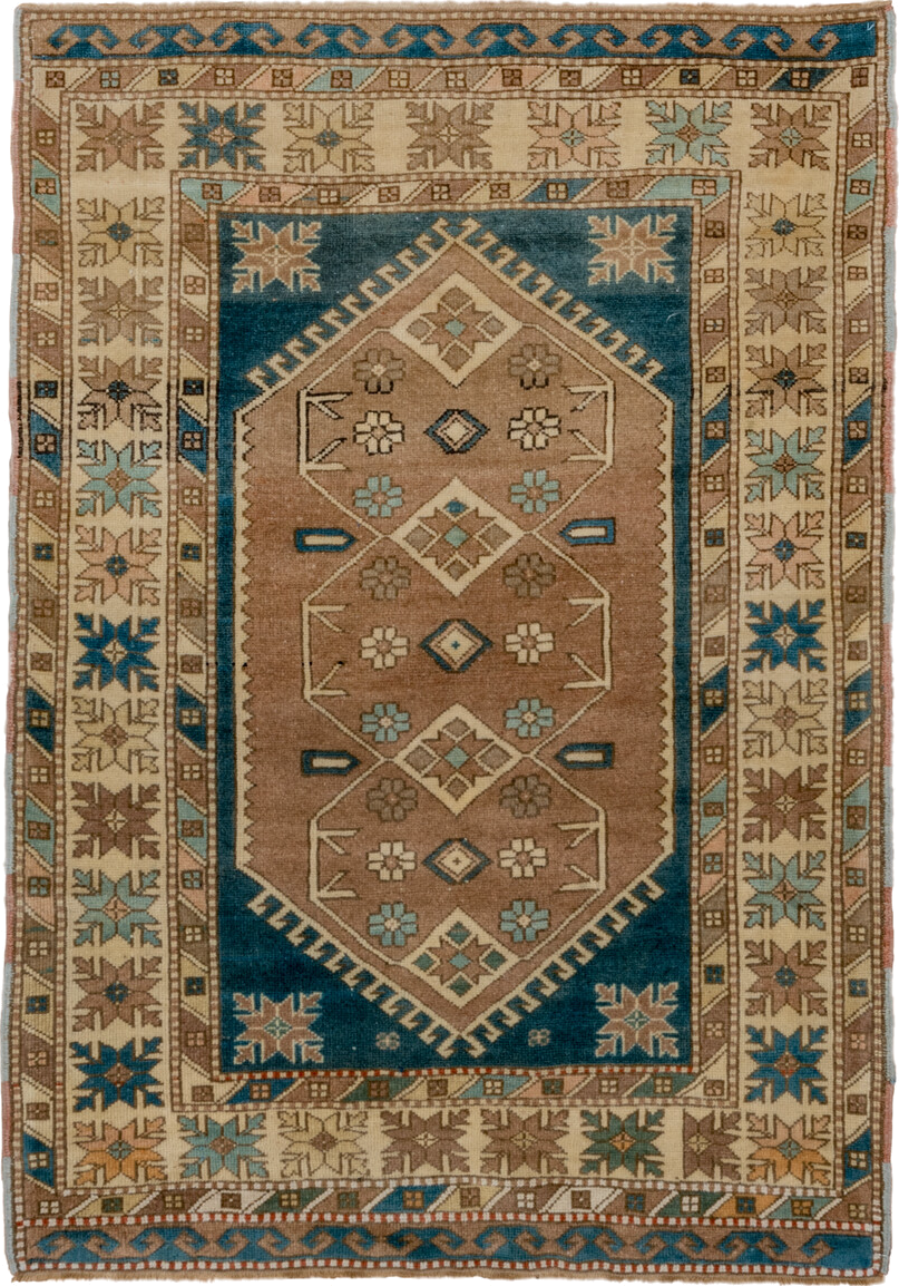 3' x 5' one-of-a-kind handmade antique Oushak small size rug. Color palette: ivory, teal, taupe, camel, brown, sky blue