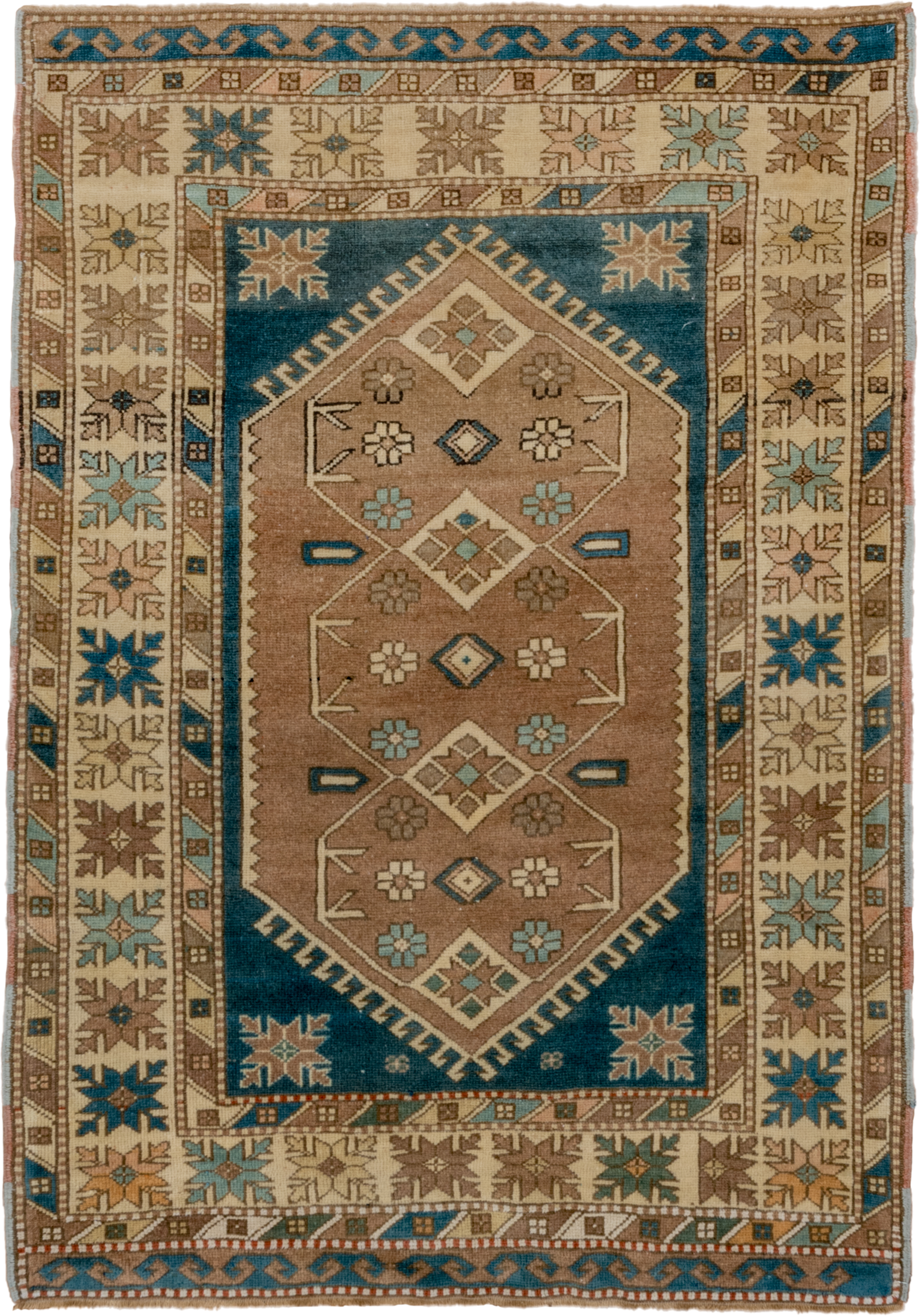 3' x 5' one-of-a-kind handmade antique Oushak small size rug. Color palette: ivory, teal, taupe, camel, brown, sky blue