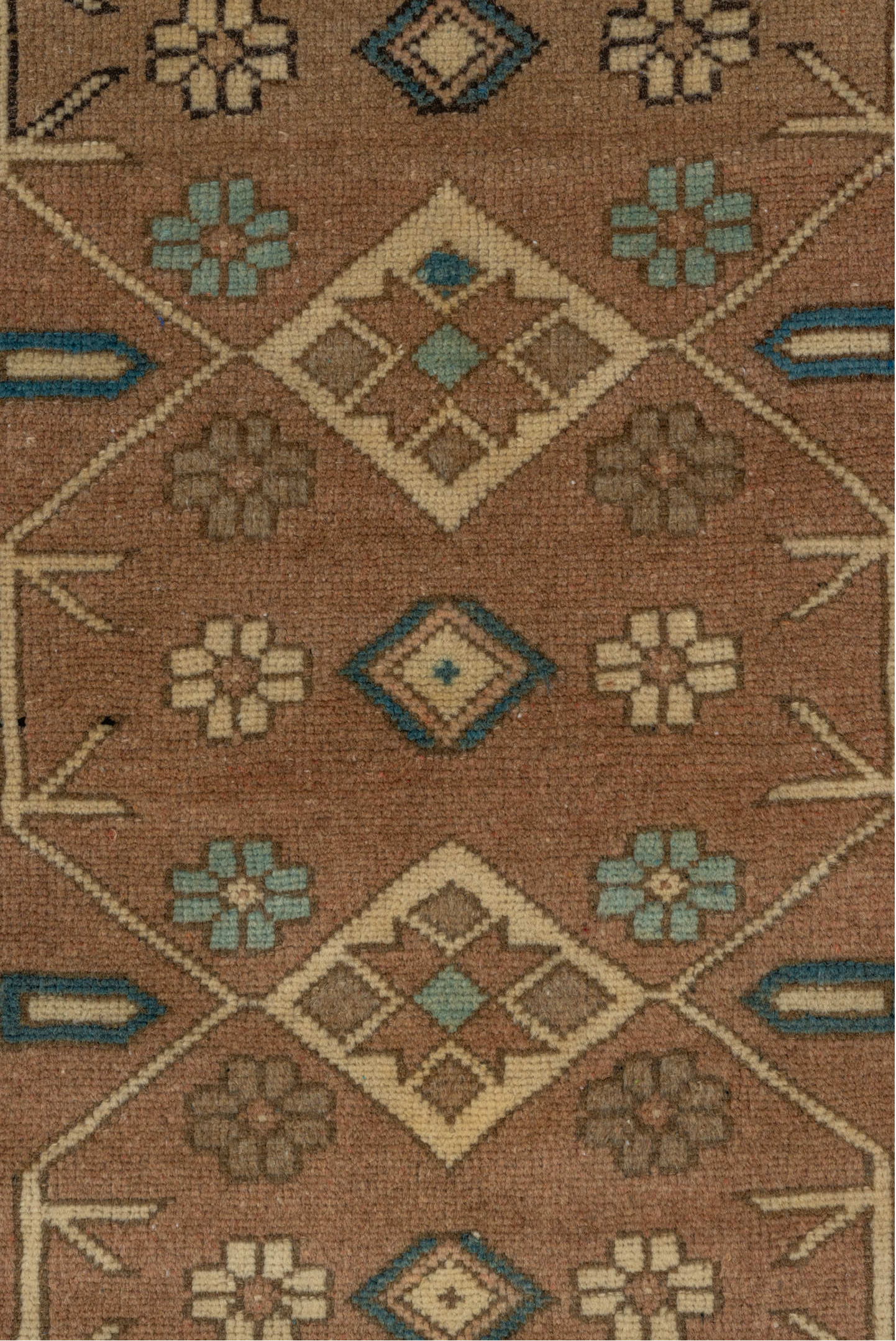 3' x 5' one-of-a-kind handmade antique Oushak small size rug. Color palette: ivory, teal, taupe, camel, brown, sky blue