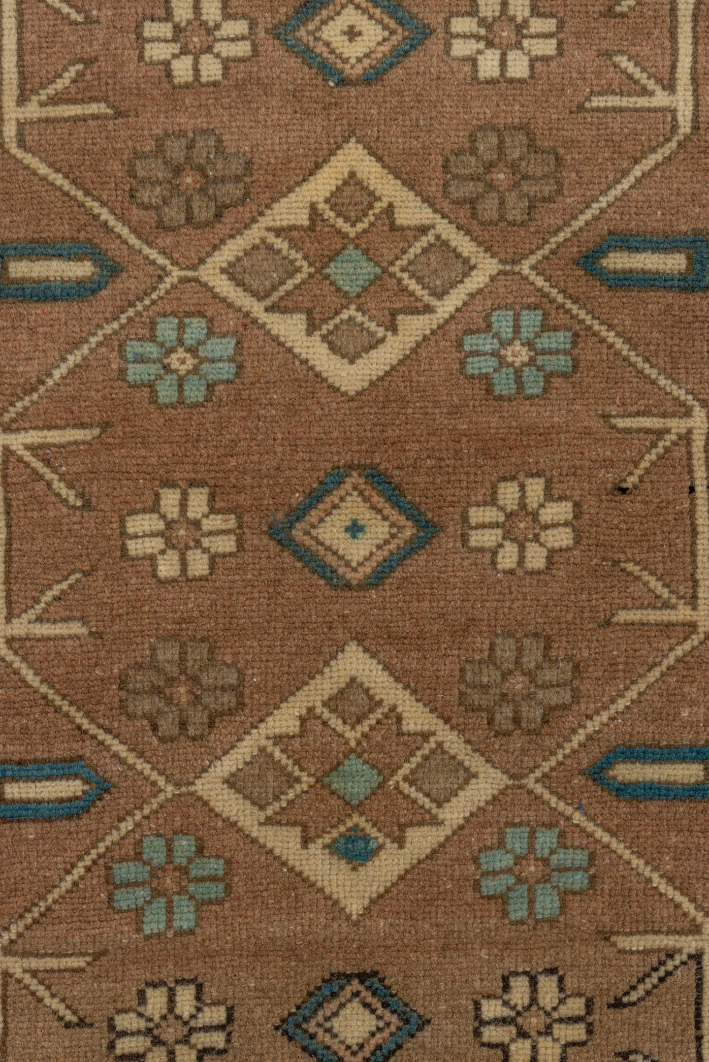 3' x 5' one-of-a-kind handmade antique Oushak small size rug. Color palette: ivory, teal, taupe, camel, brown, sky blue