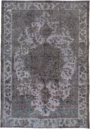 6' x 9' one-of-a-kind handmade vintage Overdyed medium size rug. Color palette: charcoal, ivory, gray, taupe, teal, lavender