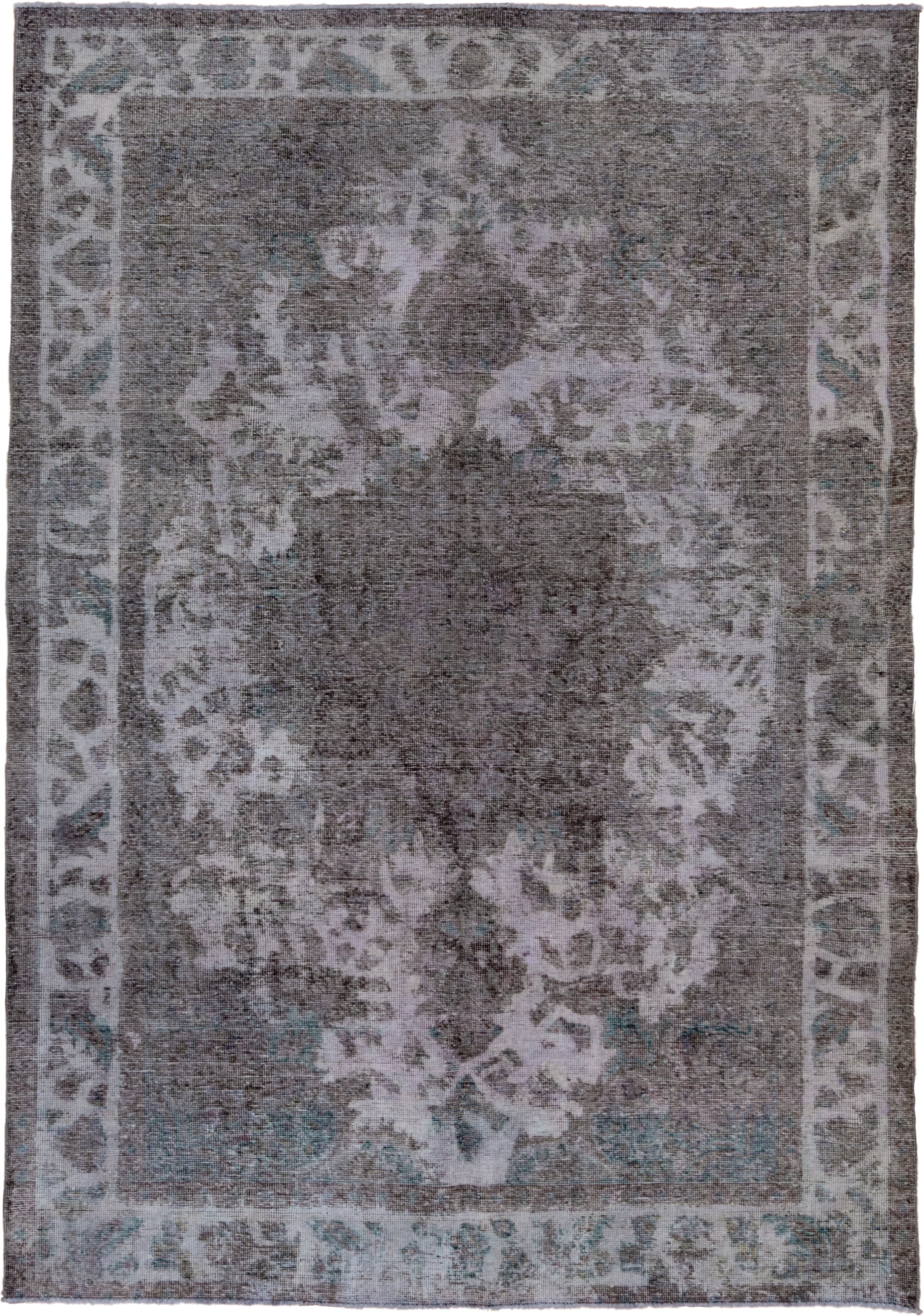 6' x 9' one-of-a-kind handmade vintage Overdyed medium size rug. Color palette: charcoal, ivory, gray, taupe, teal, lavender