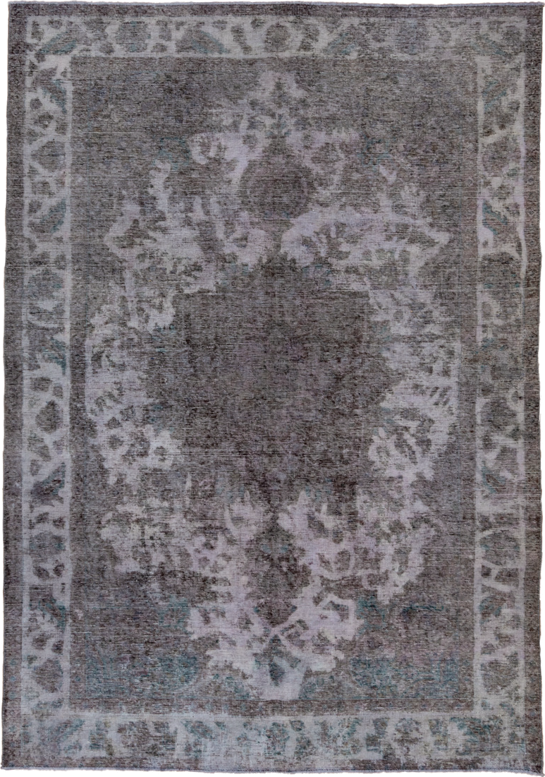 6' x 9' one-of-a-kind handmade vintage Overdyed medium size rug. Color palette: charcoal, ivory, gray, taupe, teal, lavender