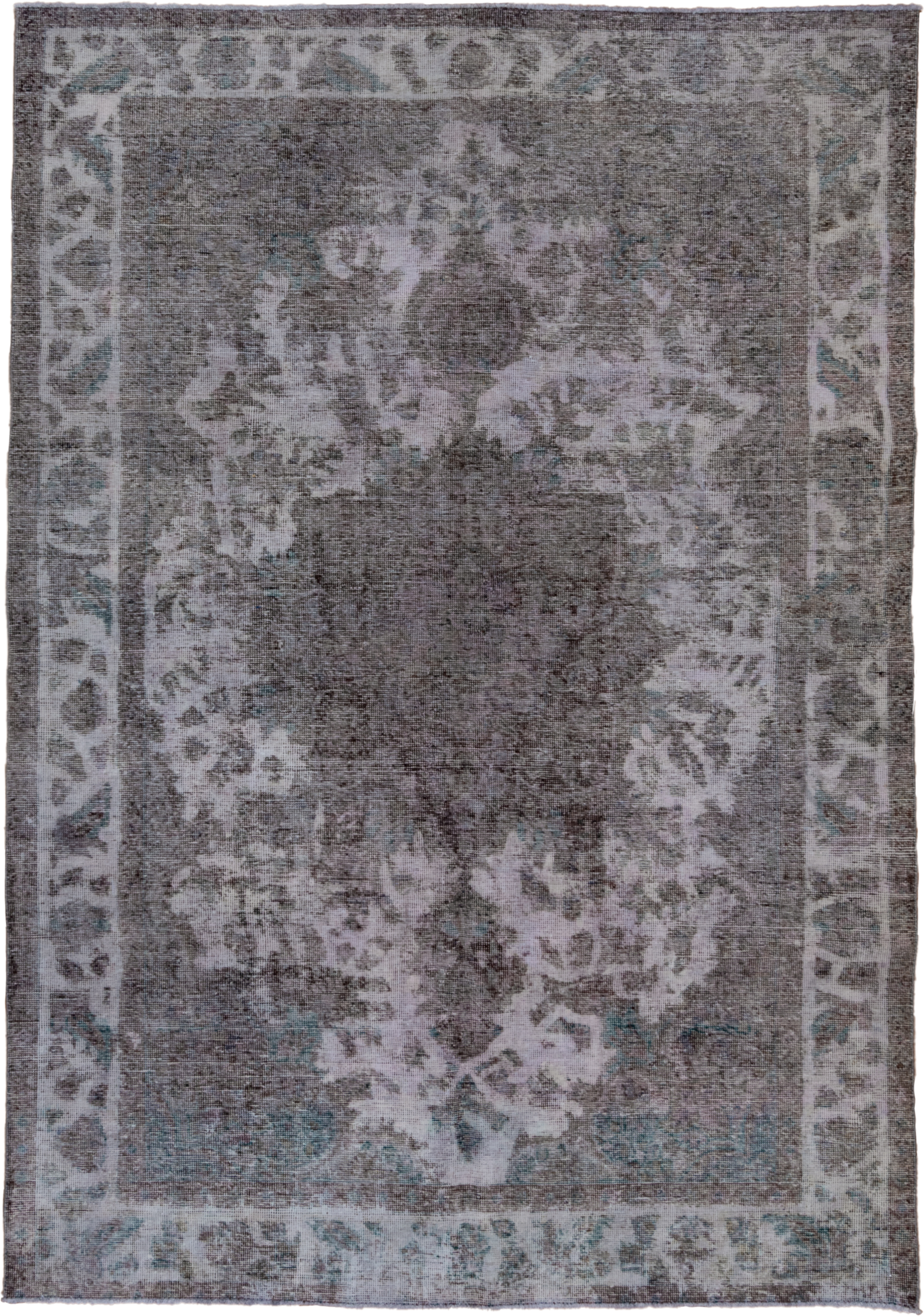 6' x 9' one-of-a-kind handmade vintage Overdyed medium size rug. Color palette: charcoal, ivory, gray, taupe, teal, lavender