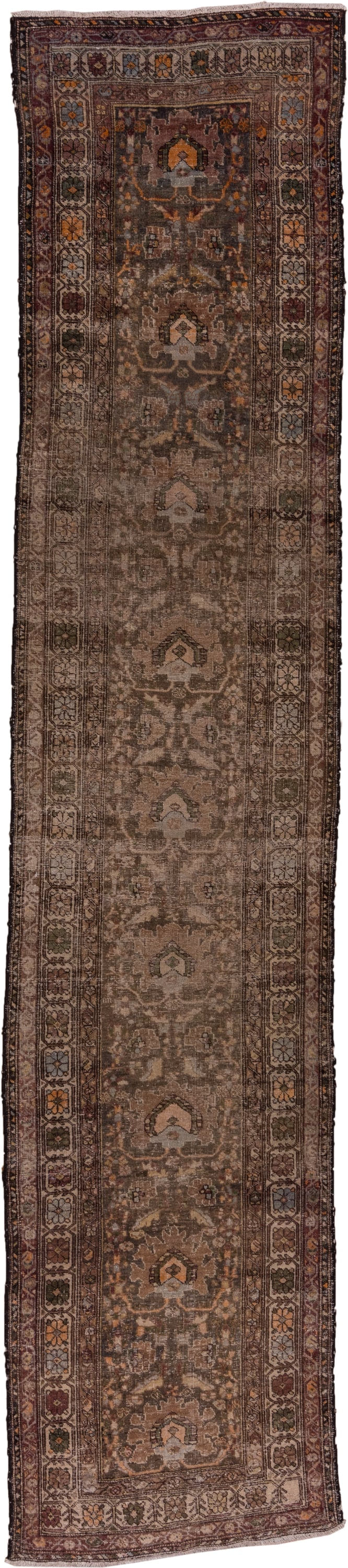 2' x 13' one-of-a-kind handmade vintage Sarab runner rug. Color palette: brown, taupe, charcoal, rust, ivory, slate, camel