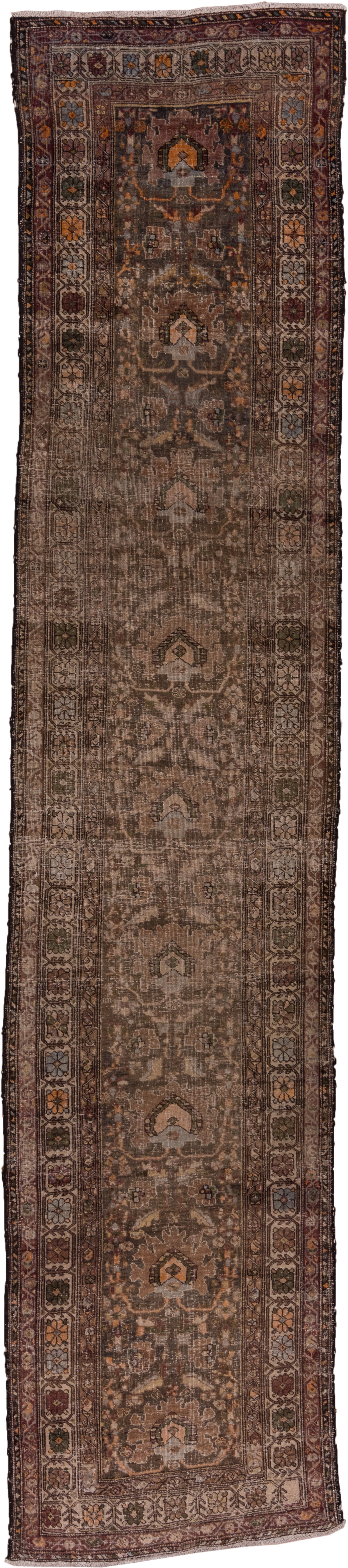 2' x 13' one-of-a-kind handmade vintage Sarab runner rug. Color palette: brown, taupe, charcoal, rust, ivory, slate, camel