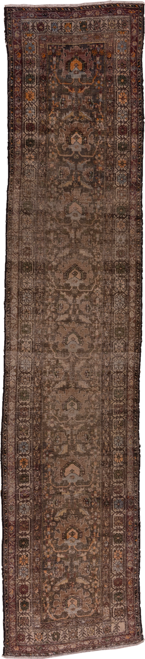 2' x 13' one-of-a-kind handmade vintage Sarab runner rug. Color palette: brown, dark gray, gray, pink, saddle brown