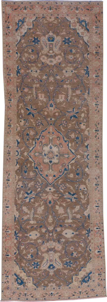 3' x 10' one-of-a-kind handmade vintage Oushak runner rug. Color palette: blue, brown, gray, light gray, pink