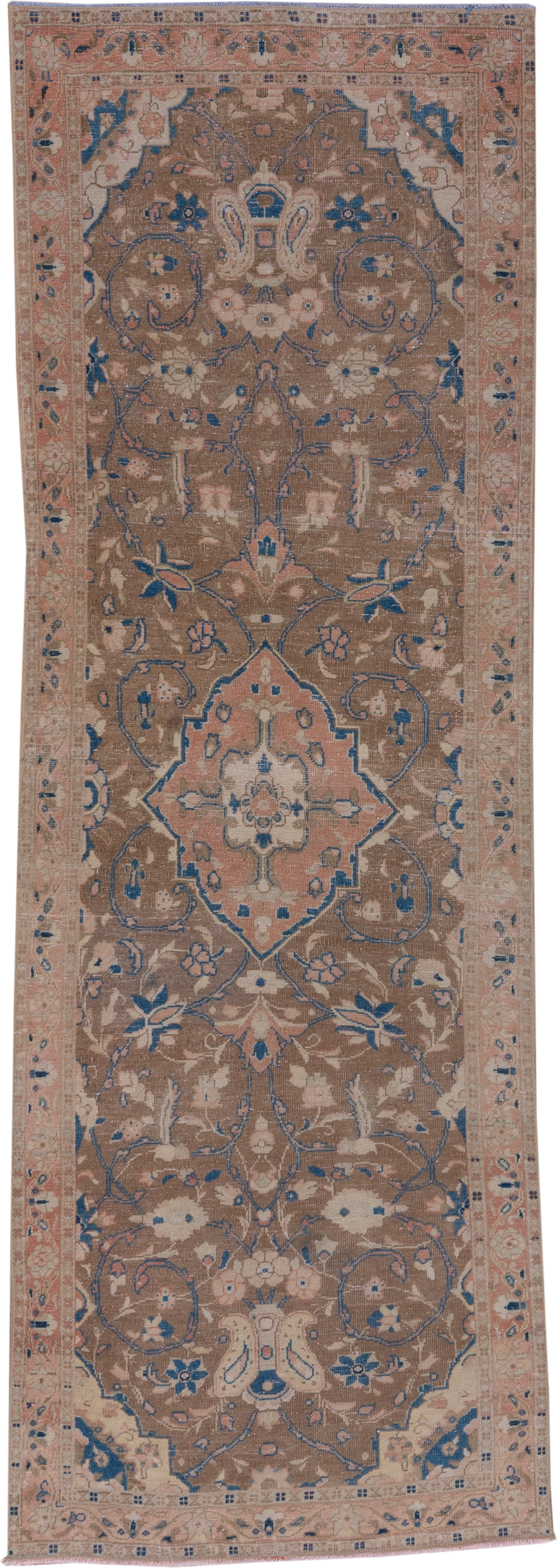 3' x 10' one-of-a-kind handmade vintage Oushak runner rug. Color palette: taupe, blush, blue, ivory, beige, gray, pink
