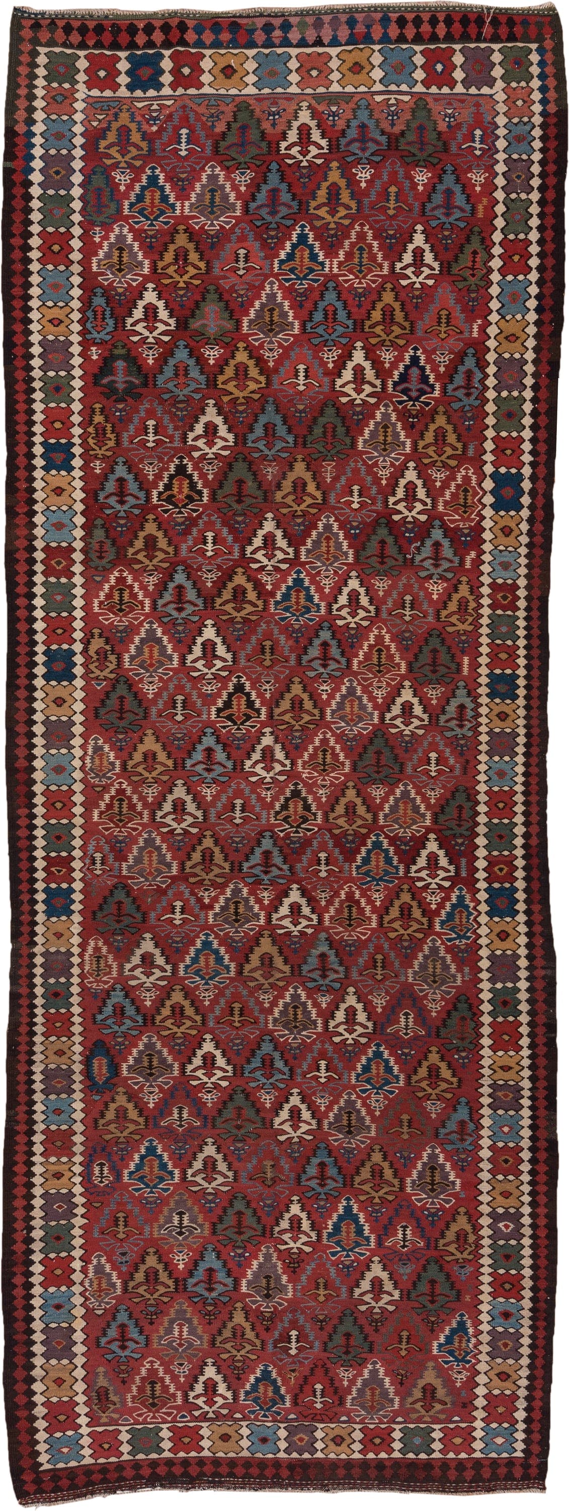 5' x 13' one-of-a-kind handmade antique Kilim rug. Color palette: rust, ivory, indigo, camel, charcoal, sky blue, burgundy