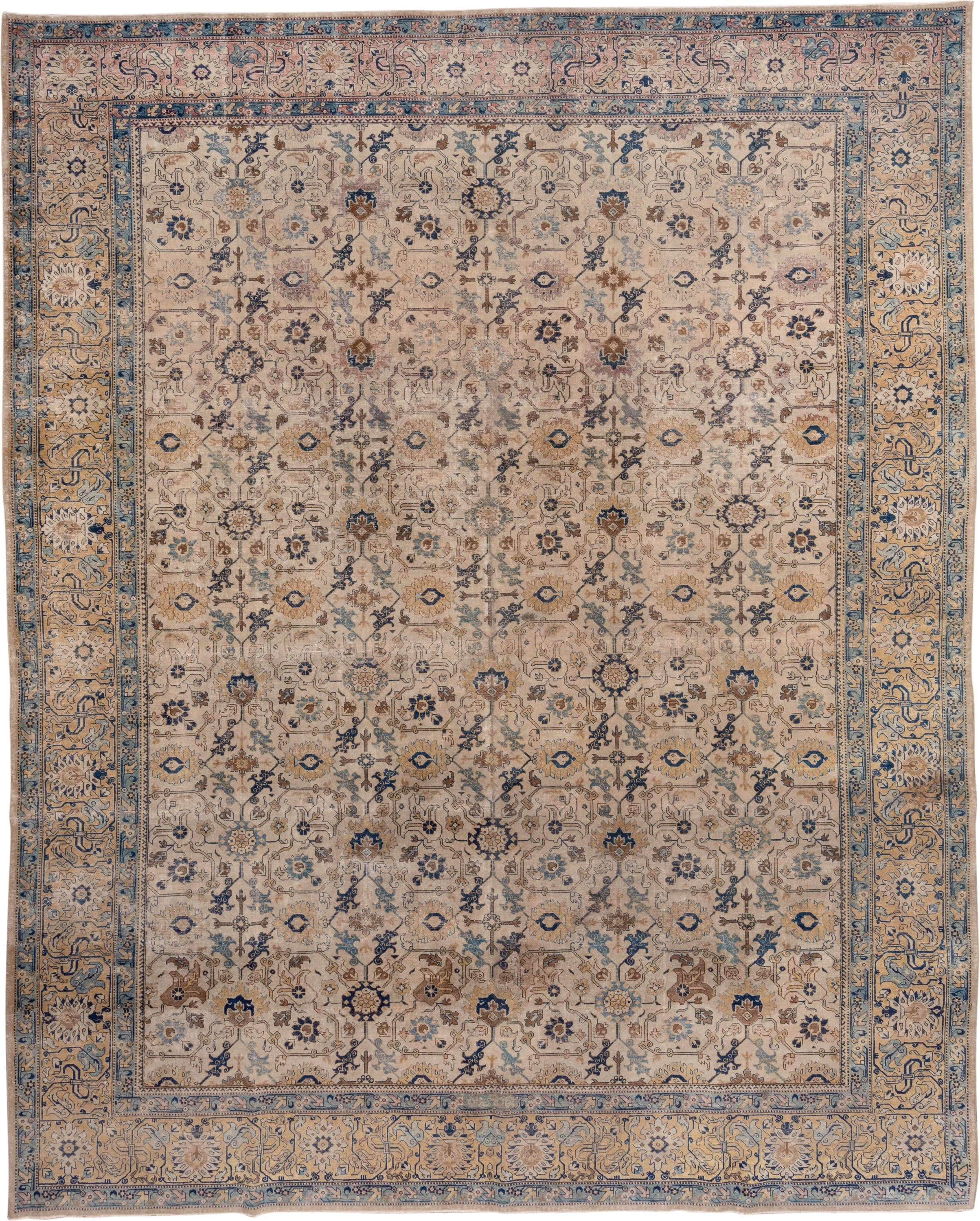 10' x 13' one-of-a-kind handmade antique Tabriz large size rug. Color palette: ivory, camel, sky blue, navy, taupe, gold