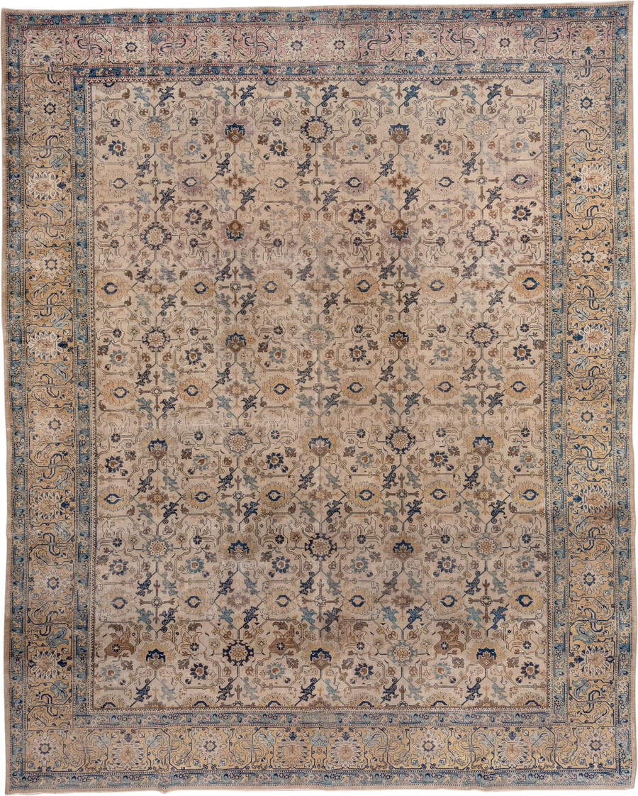 10' x 13' one-of-a-kind handmade antique Tabriz large size rug. Color palette: ivory, camel, sky blue, navy, taupe, gold
