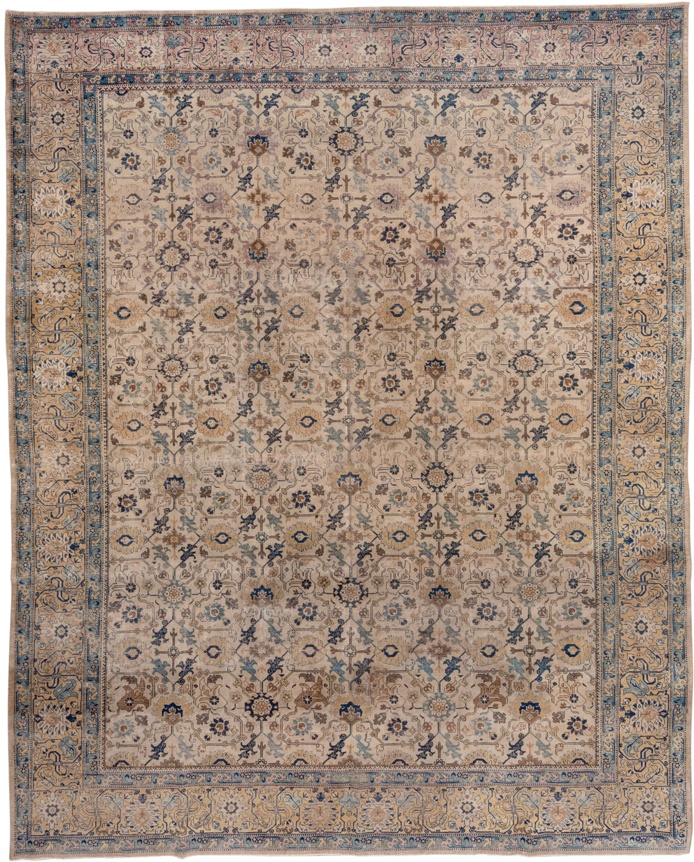 10' x 13' one-of-a-kind handmade antique Tabriz large size rug. Color palette: ivory, camel, sky blue, navy, taupe, gold