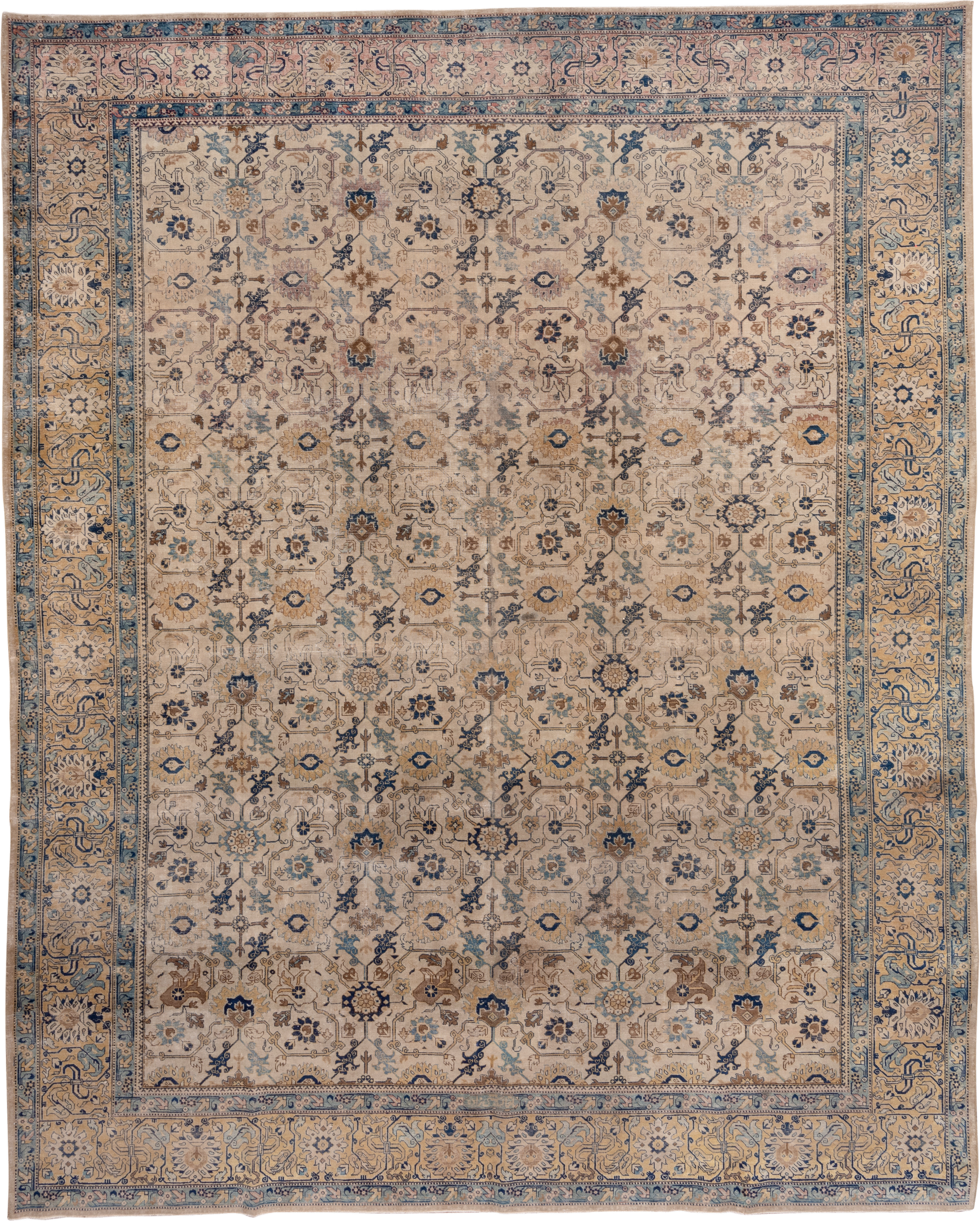 10' x 13' one-of-a-kind handmade antique Tabriz large size rug. Color palette: ivory, camel, sky blue, navy, taupe, gold