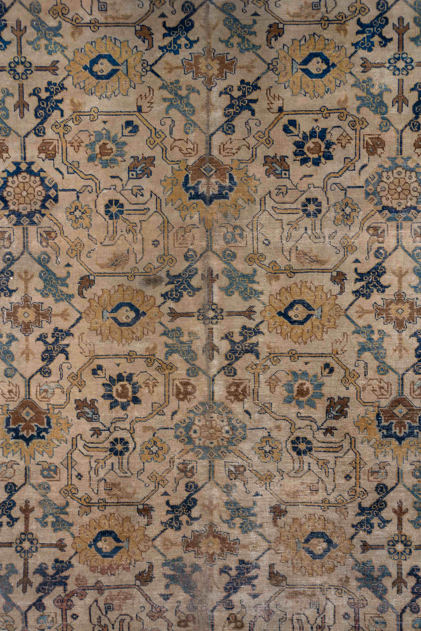 10' x 13' one-of-a-kind handmade antique Tabriz large size rug. Color palette: ivory, camel, sky blue, navy, taupe, gold