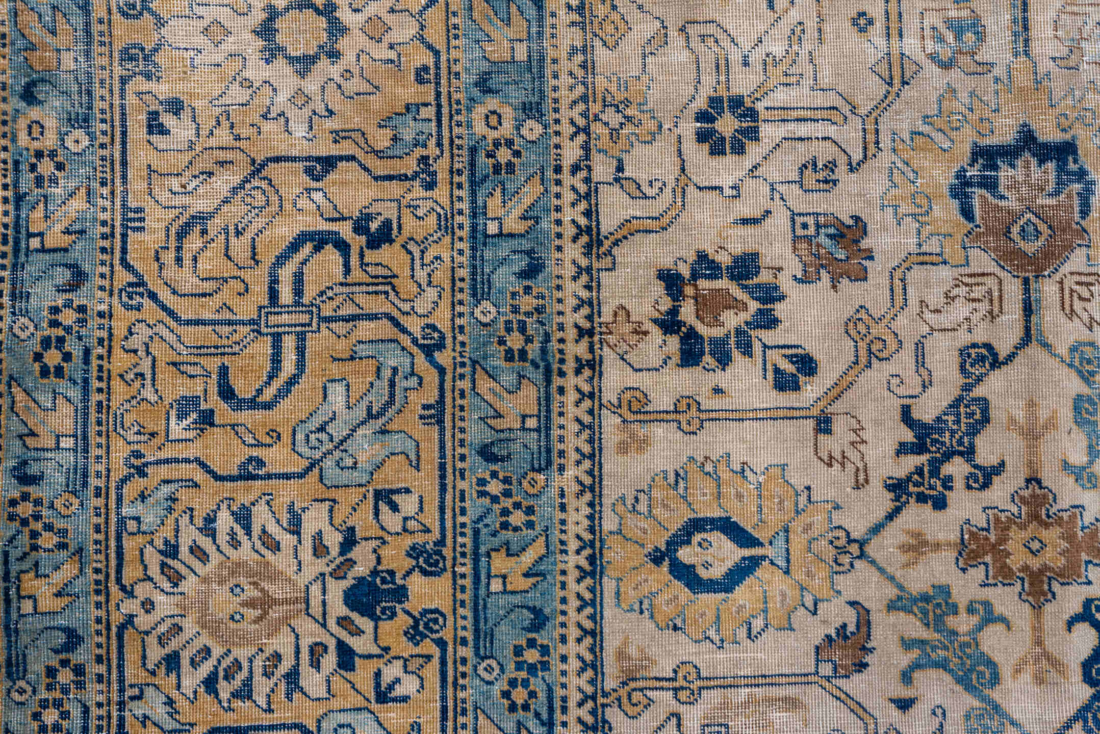10' x 13' one-of-a-kind handmade antique Tabriz large size rug. Color palette: ivory, camel, sky blue, navy, taupe, gold