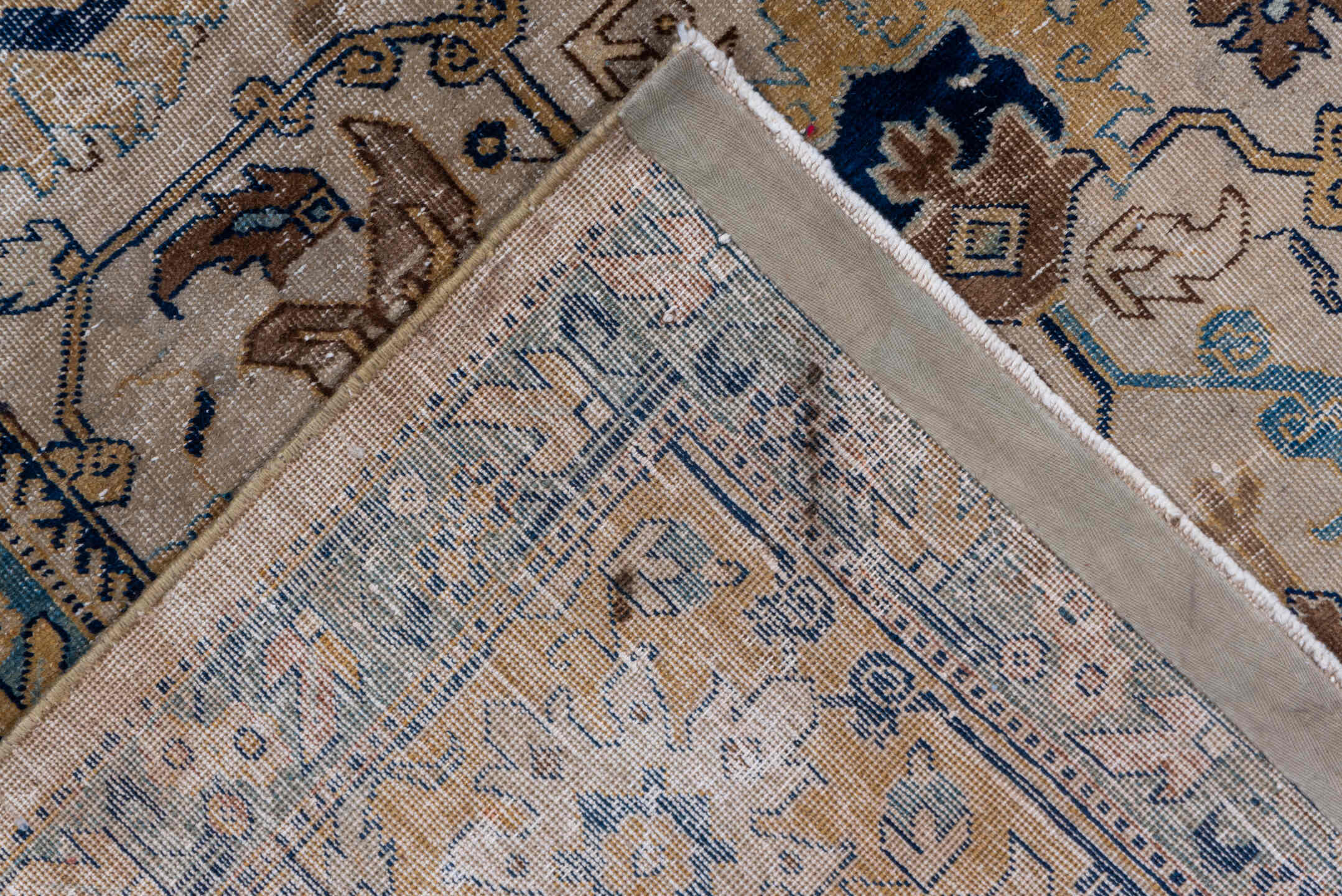 10' x 13' one-of-a-kind handmade antique Tabriz large size rug. Color palette: ivory, camel, sky blue, navy, taupe, gold