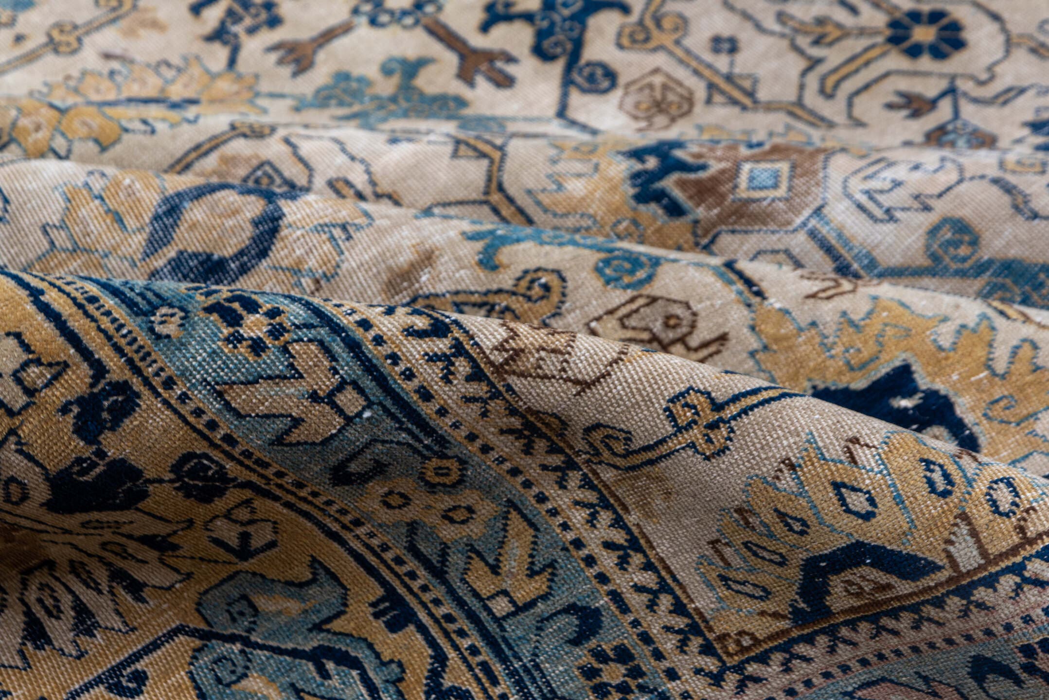 10' x 13' one-of-a-kind handmade antique Tabriz large size rug. Color palette: ivory, camel, sky blue, navy, taupe, gold