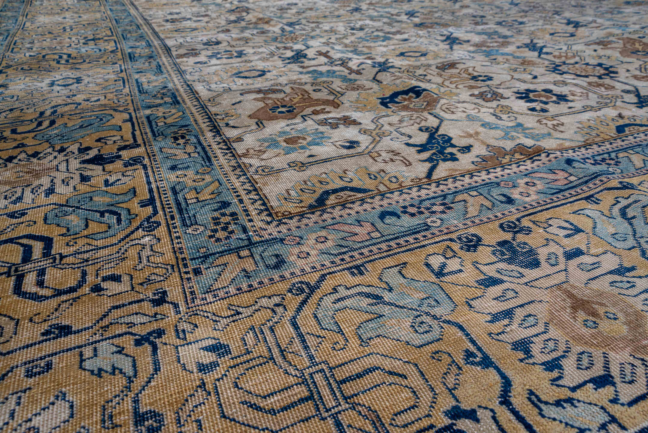 10' x 13' one-of-a-kind handmade antique Tabriz large size rug. Color palette: ivory, camel, sky blue, navy, taupe, gold