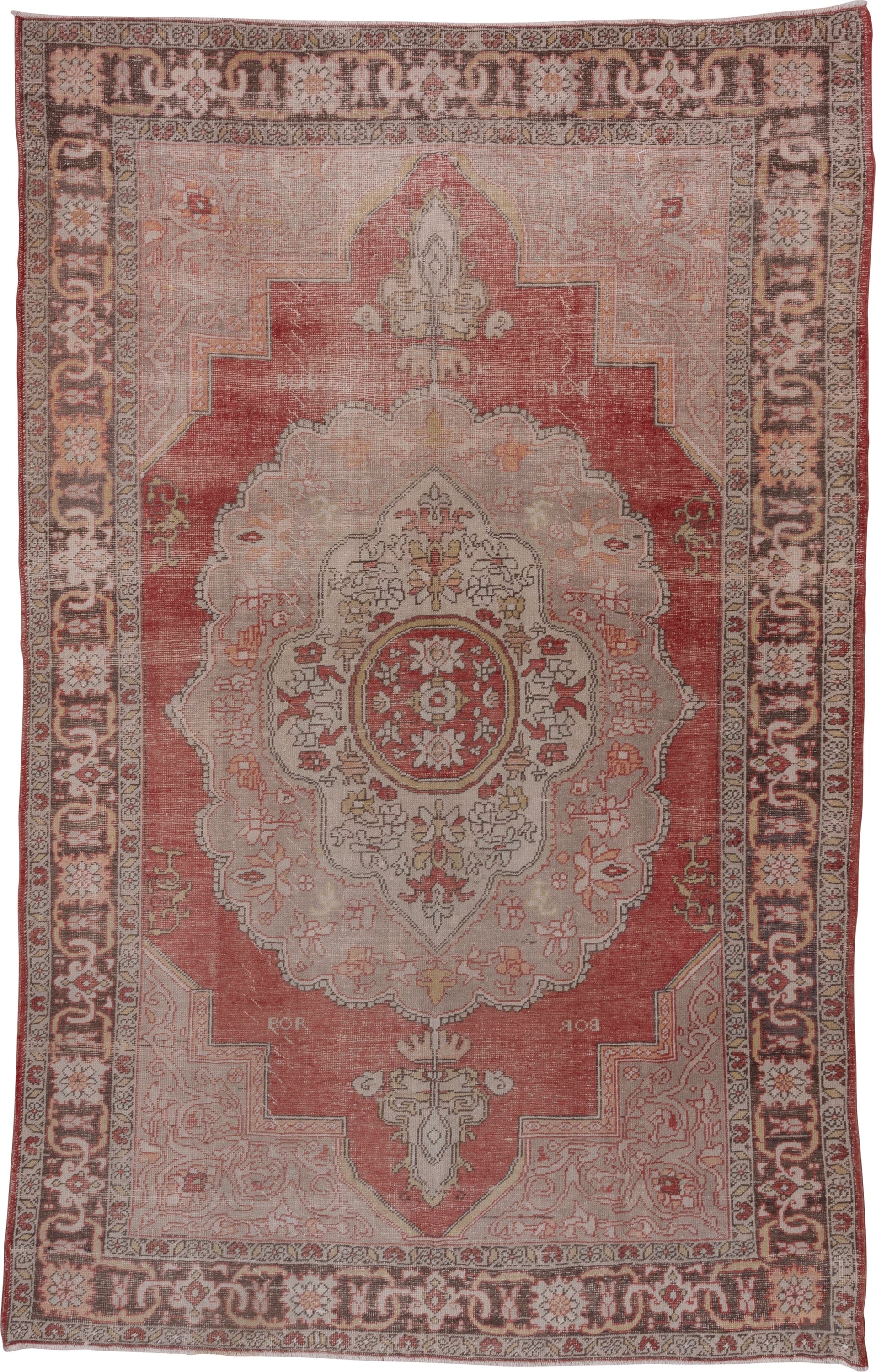 7' x 12' one-of-a-kind handmade antique Oushak large size rug. Color palette: rose, ivory, taupe, rust, terracotta, charcoal