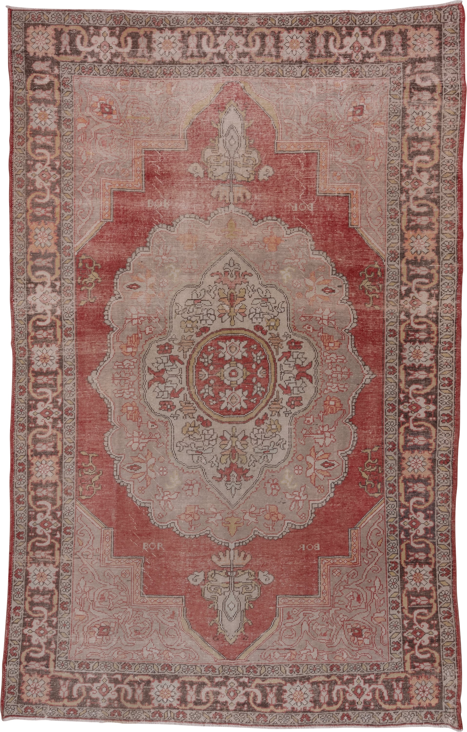 7' x 12' one-of-a-kind handmade antique Oushak large size rug. Color palette: rose, ivory, taupe, rust, terracotta, charcoal
