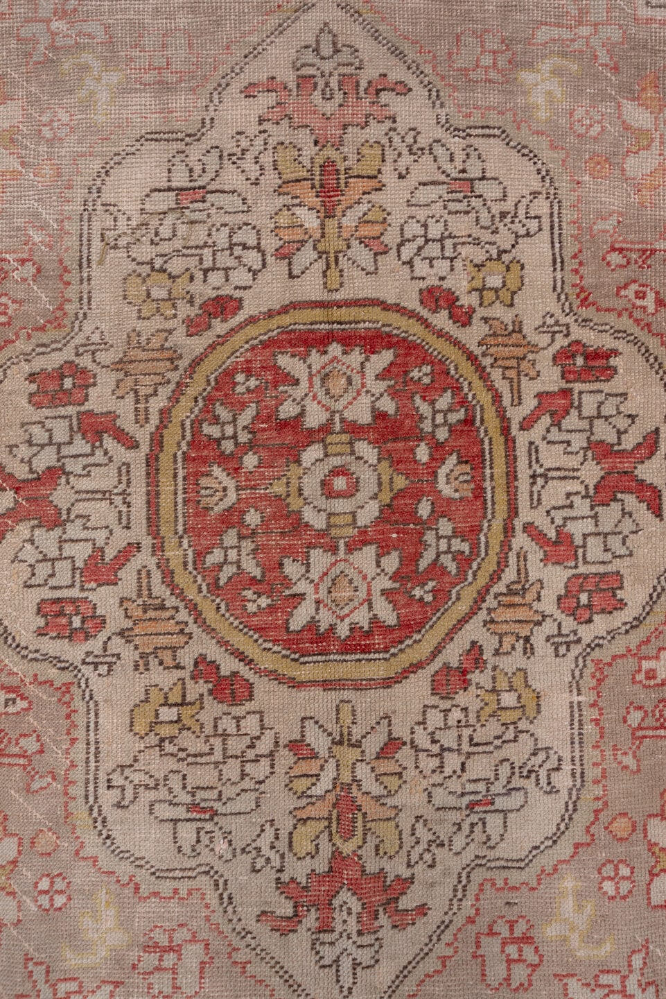 7' x 12' one-of-a-kind handmade antique Oushak large size rug. Color palette: rose, ivory, taupe, rust, terracotta, charcoal