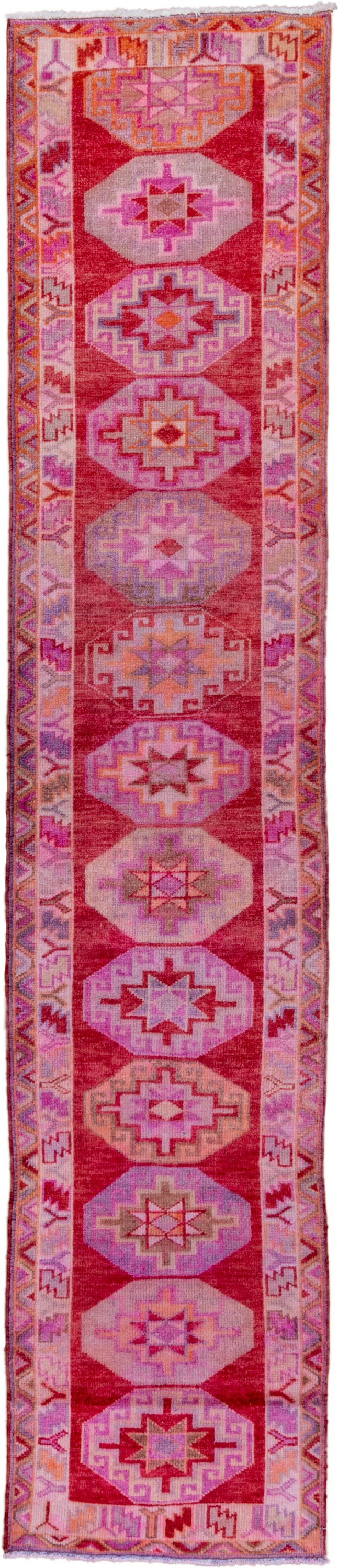 2' x 13' one-of-a-kind handmade vintage Oushak runner rug. Color palette: pink, rose, crimson, lavender, ivory, magenta