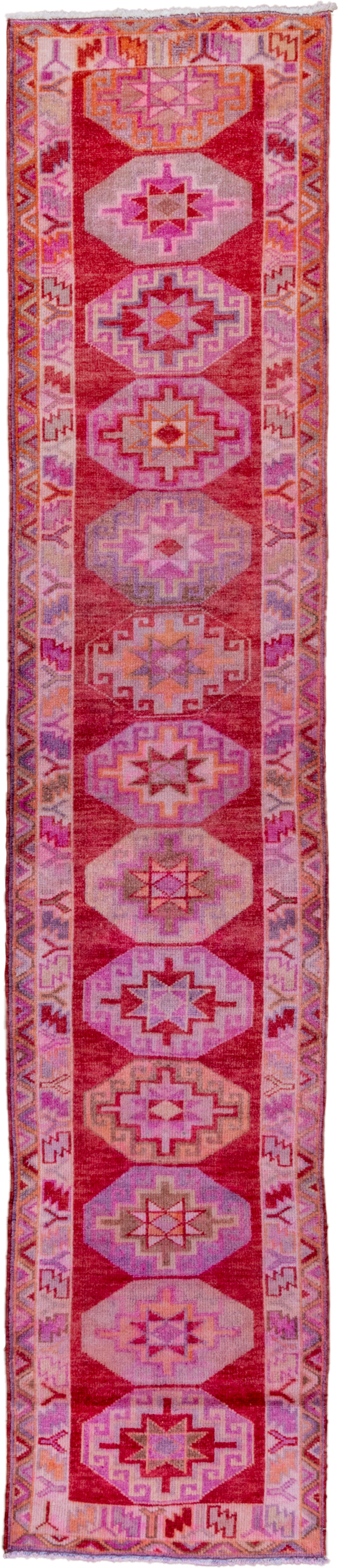 2' x 13' one-of-a-kind handmade vintage Oushak runner rug. Color palette: pink, rose, crimson, lavender, ivory, magenta