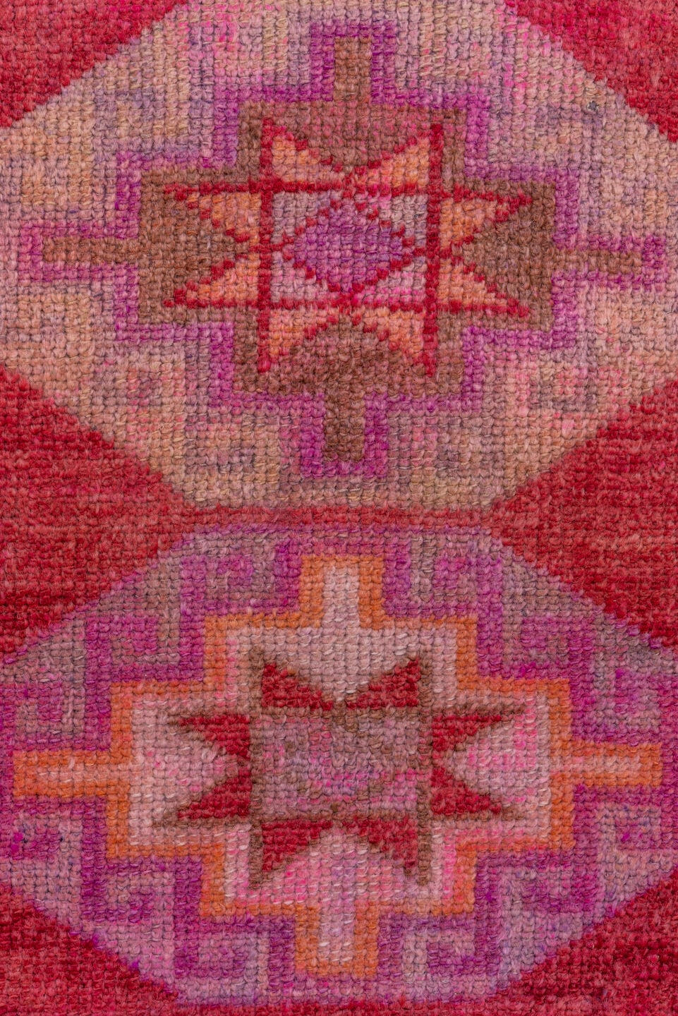2' x 13' one-of-a-kind handmade vintage Oushak runner rug. Color palette: pink, rose, crimson, lavender, ivory, magenta