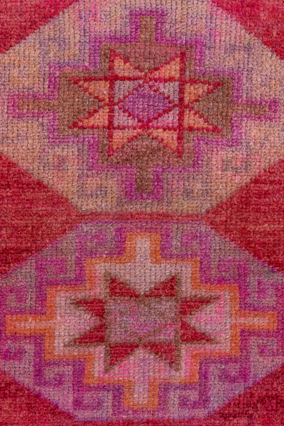 2' x 13' one-of-a-kind handmade vintage Oushak runner rug. Color palette: pink, rose, crimson, lavender, ivory, magenta