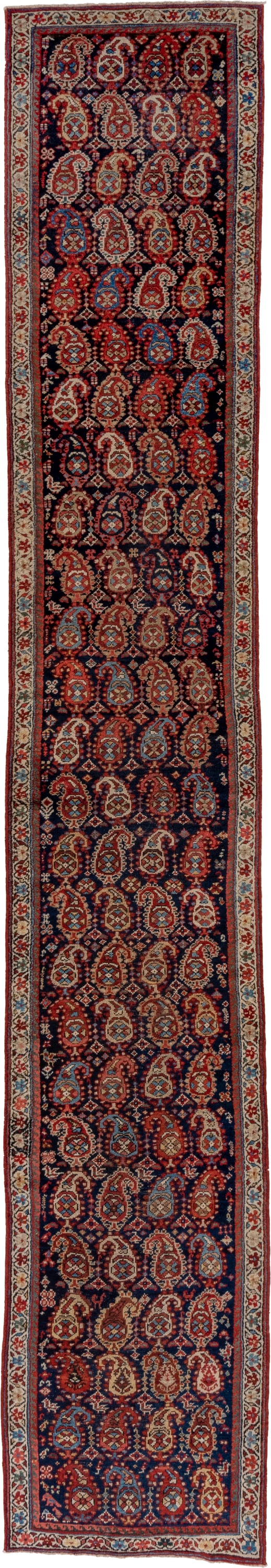 2' x 16' one-of-a-kind handmade vintage Malayer runner rug. Color palette: navy, rust, ivory, sky blue, crimson, camel, blue