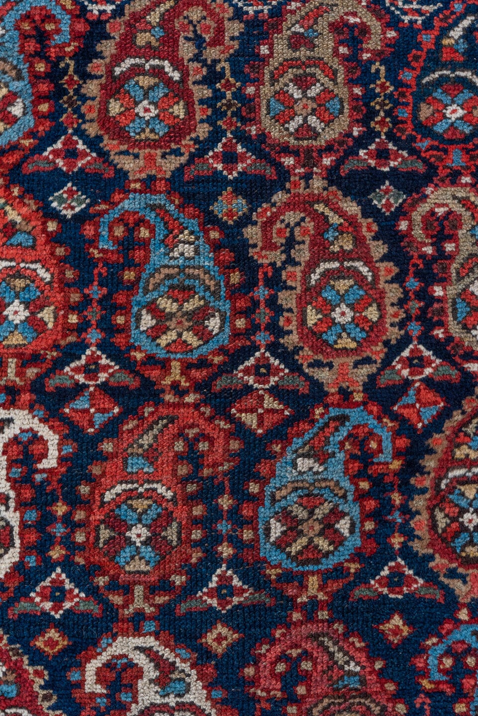 2' x 16' one-of-a-kind handmade vintage Malayer runner rug. Color palette: navy, rust, ivory, sky blue, crimson, camel, blue