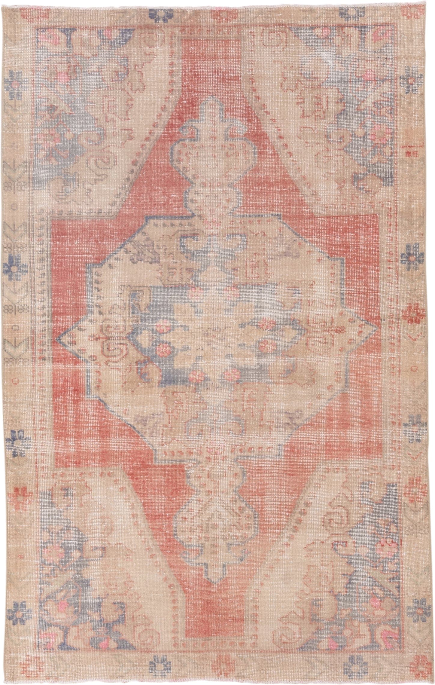 4' x 7' one-of-a-kind handmade vintage Oushak rug. Color palette: coral, ivory, beige, slate, taupe, rose, terracotta, gray