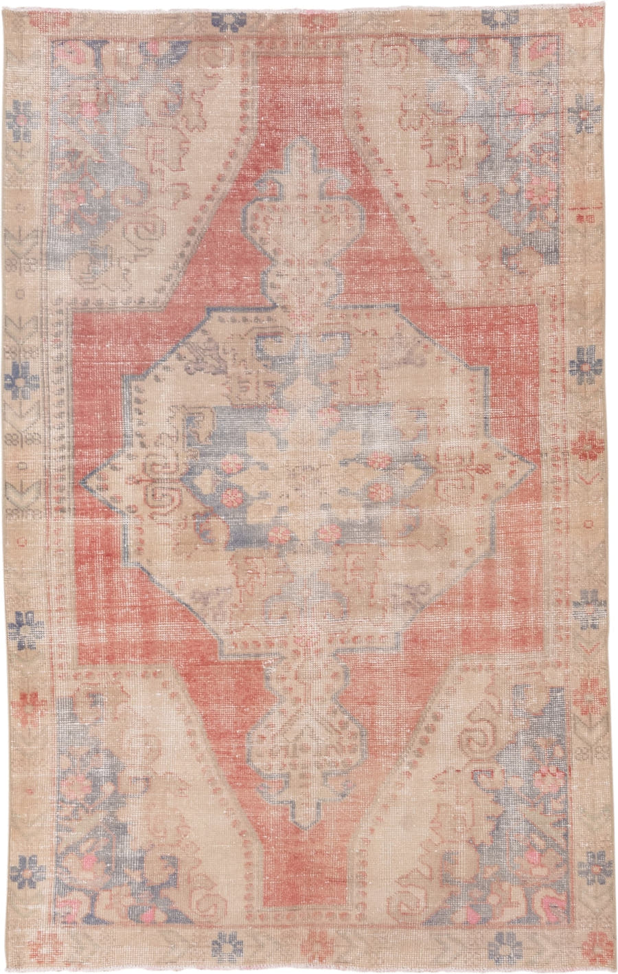 4' x 7' one-of-a-kind handmade vintage Oushak rug. Color palette: coral, ivory, beige, slate, taupe, rose, terracotta, gray