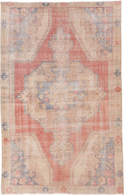 4' x 7' one-of-a-kind handmade vintage Oushak rug. Color palette: coral, ivory, beige, slate, taupe, rose, terracotta, gray
