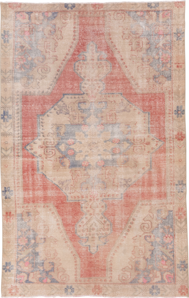 4' x 7' one-of-a-kind handmade vintage Oushak rug. Color palette: coral, ivory, beige, slate, taupe, rose, terracotta, gray