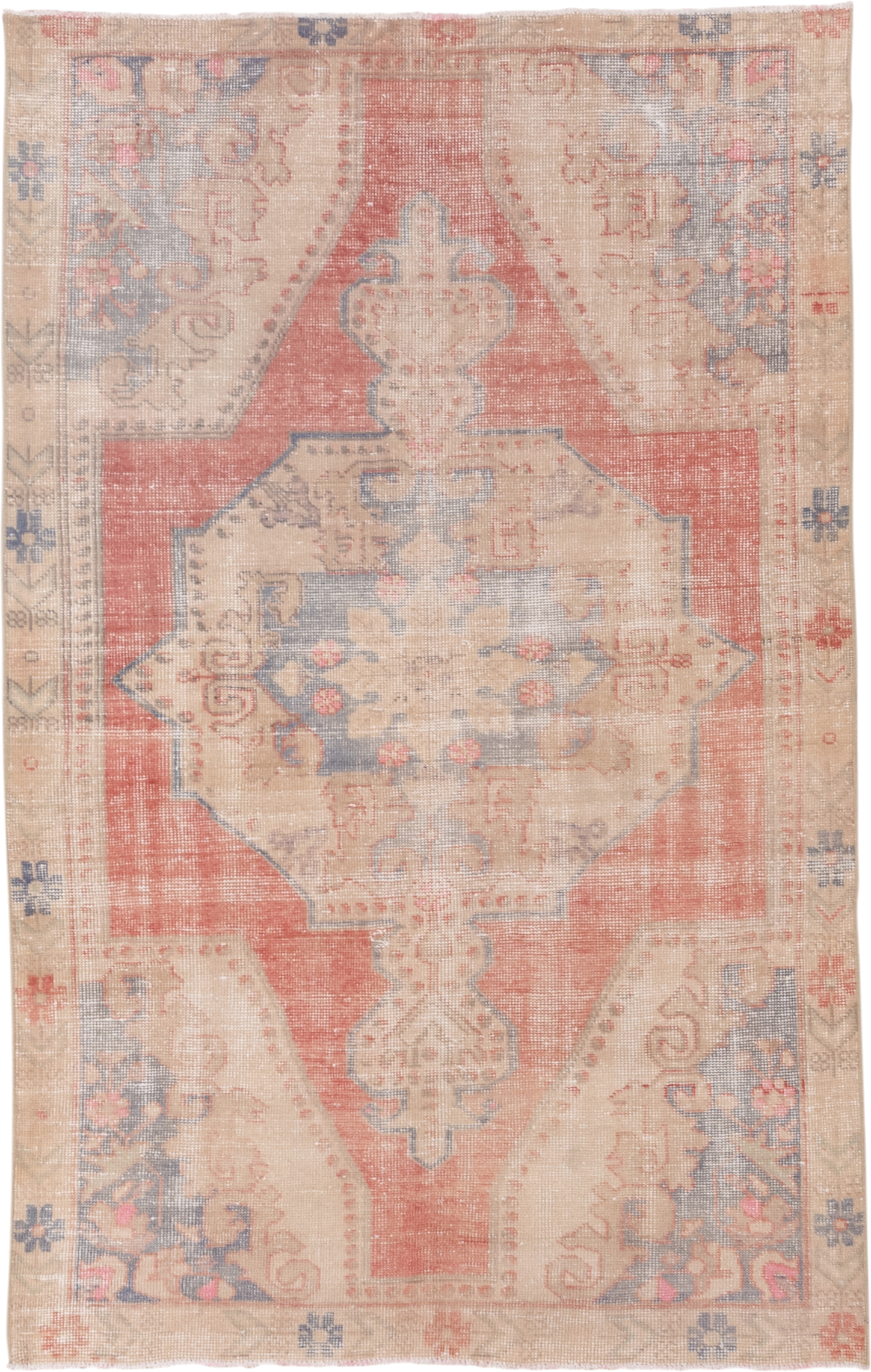 4' x 7' one-of-a-kind handmade vintage Oushak rug. Color palette: coral, ivory, beige, slate, taupe, rose, terracotta, gray