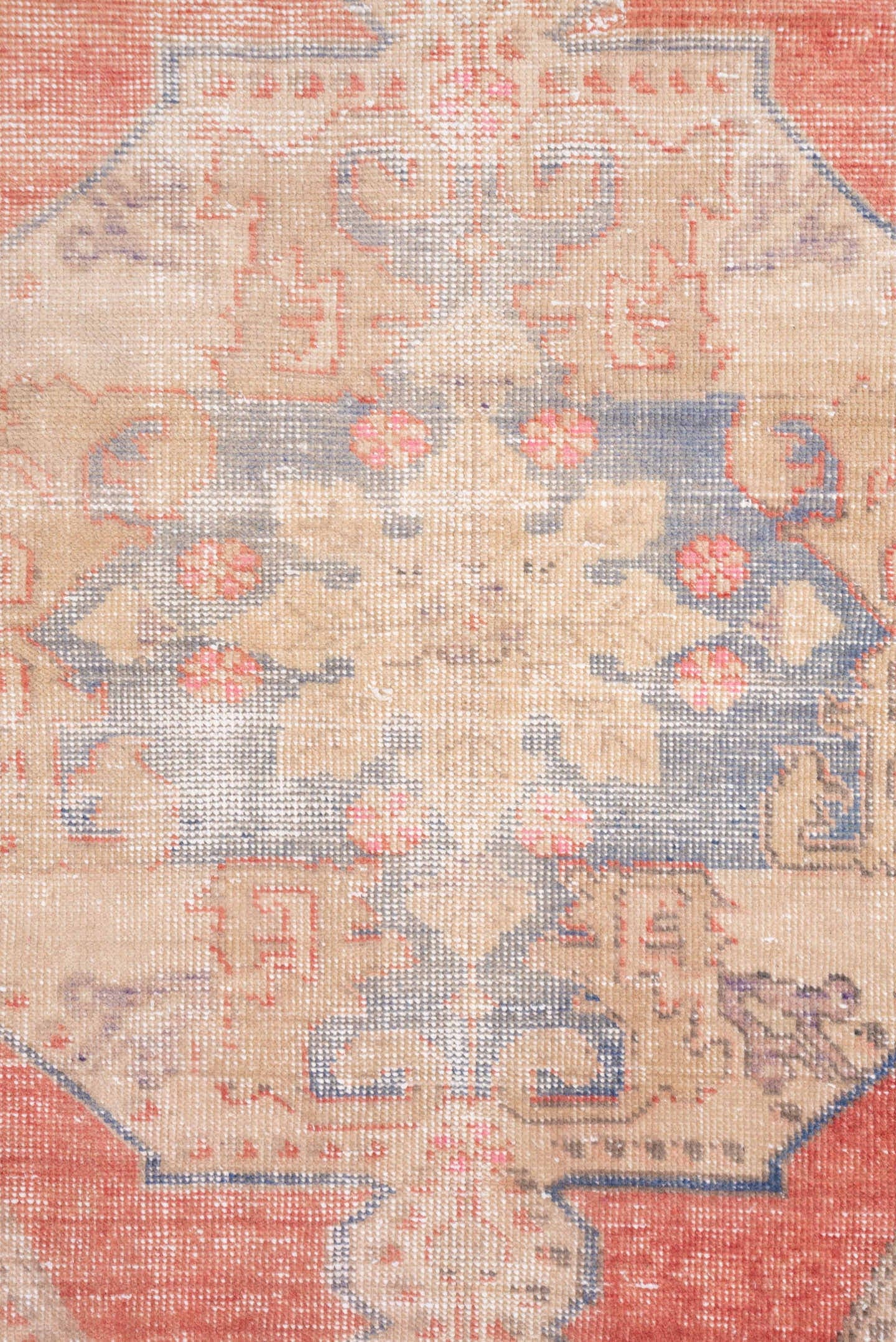 4' x 7' one-of-a-kind handmade vintage Oushak rug. Color palette: coral, ivory, beige, slate, taupe, rose, terracotta, gray