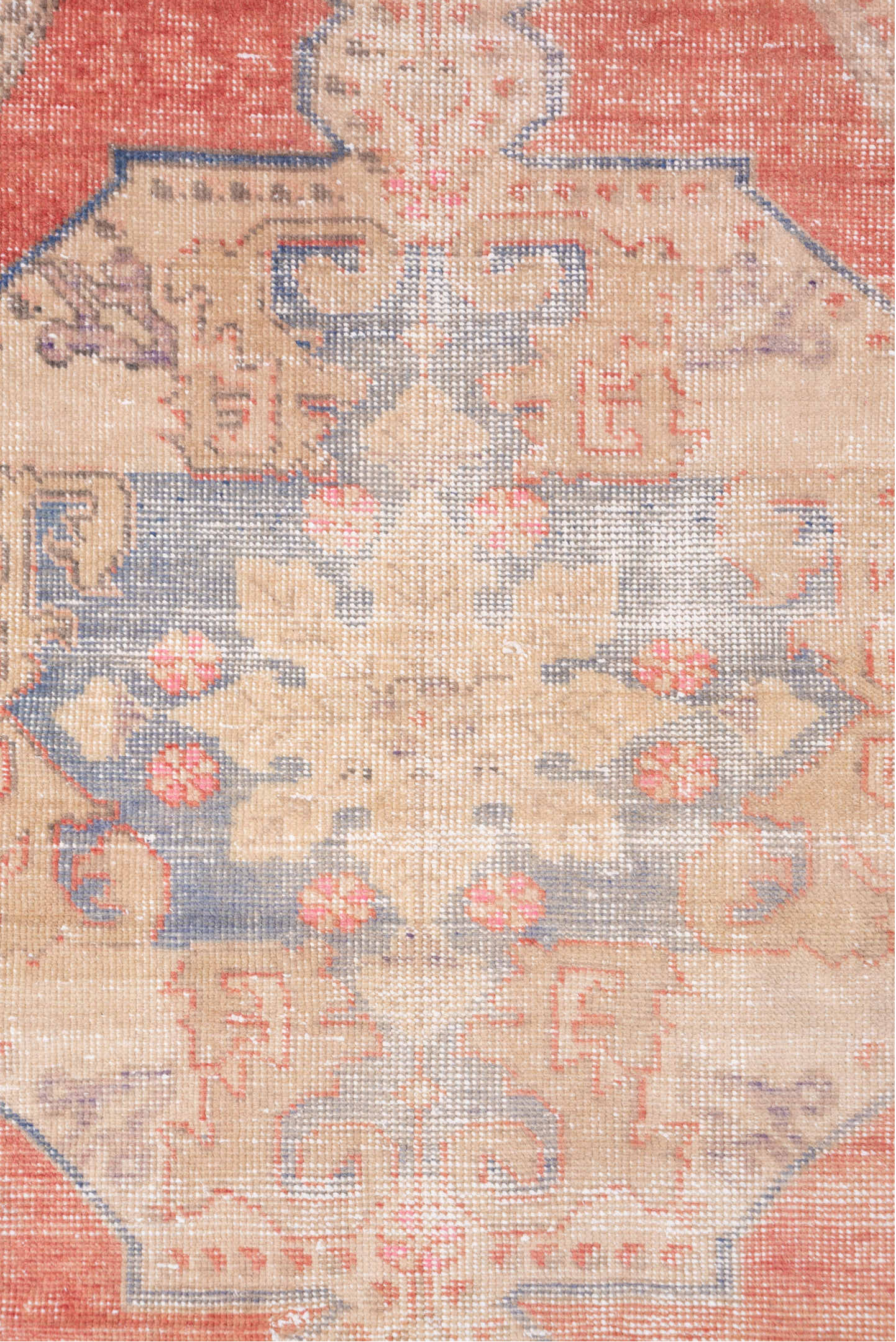 4' x 7' one-of-a-kind handmade vintage Oushak rug. Color palette: coral, ivory, beige, slate, taupe, rose, terracotta, gray