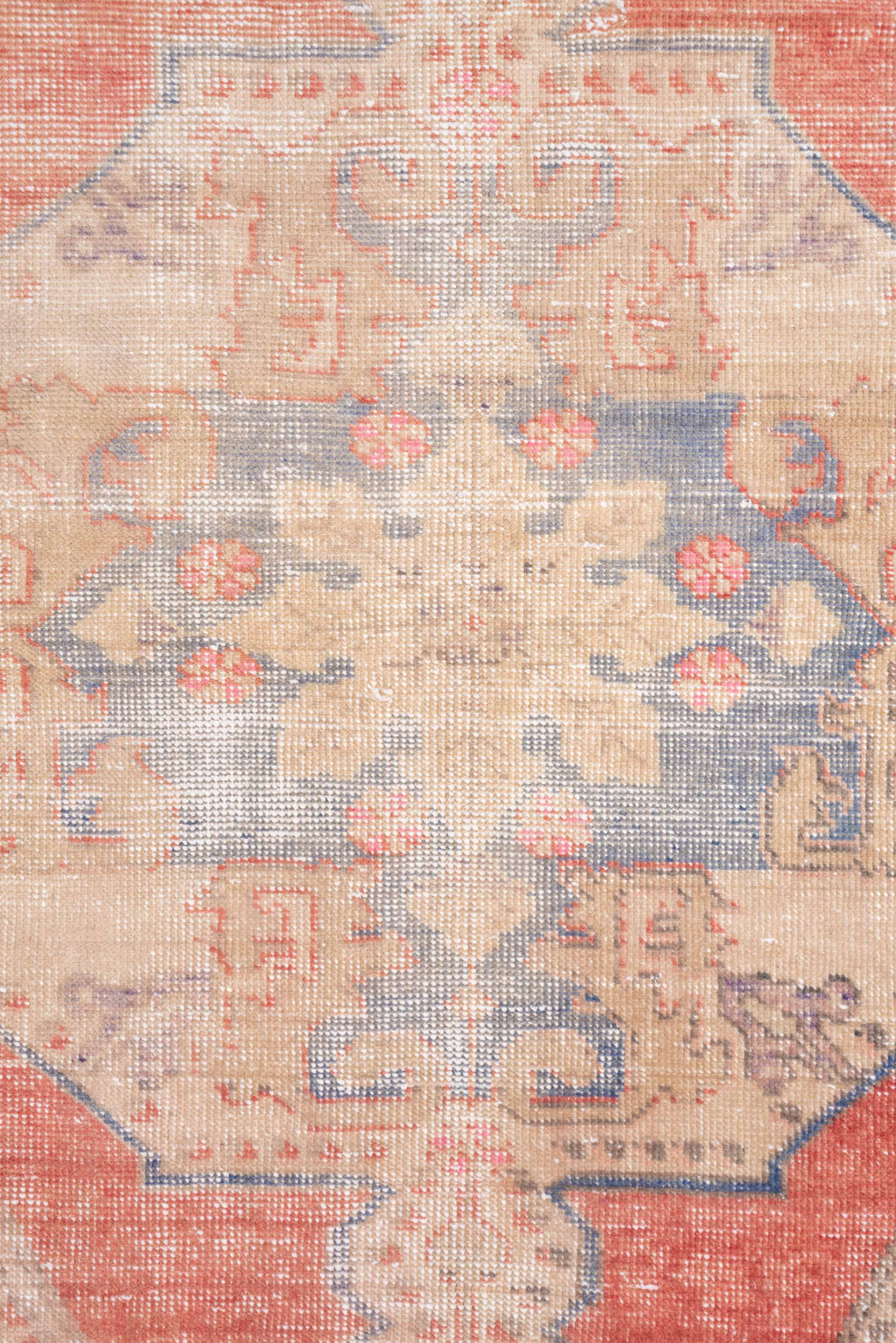 4' x 7' one-of-a-kind handmade vintage Oushak rug. Color palette: coral, ivory, beige, slate, taupe, rose, terracotta, gray