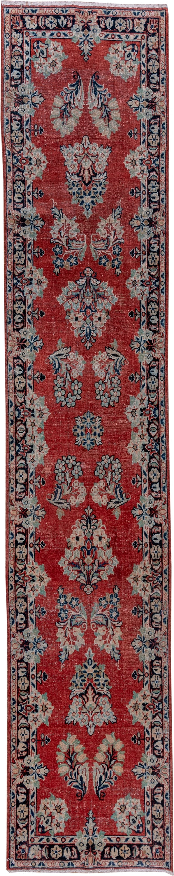 2' x 13' one-of-a-kind handmade vintage Mahal runner rug. Color palette: coral, ivory, navy, slate, rose, charcoal
