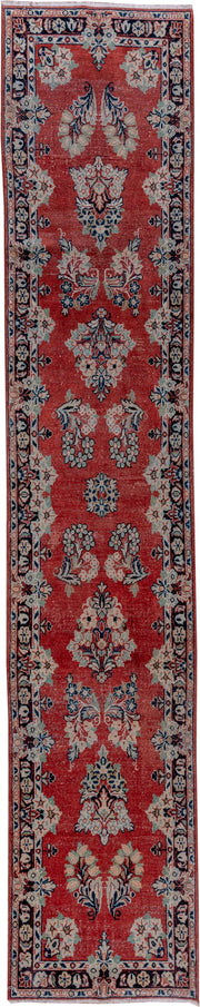 2' x 13' one-of-a-kind handmade vintage Mahal runner rug. Color palette: coral, ivory, navy, slate, rose, charcoal