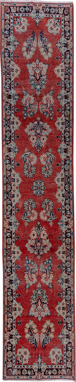 2' x 13' one-of-a-kind handmade vintage Mahal runner rug. Color palette: coral, ivory, navy, slate, rose, charcoal