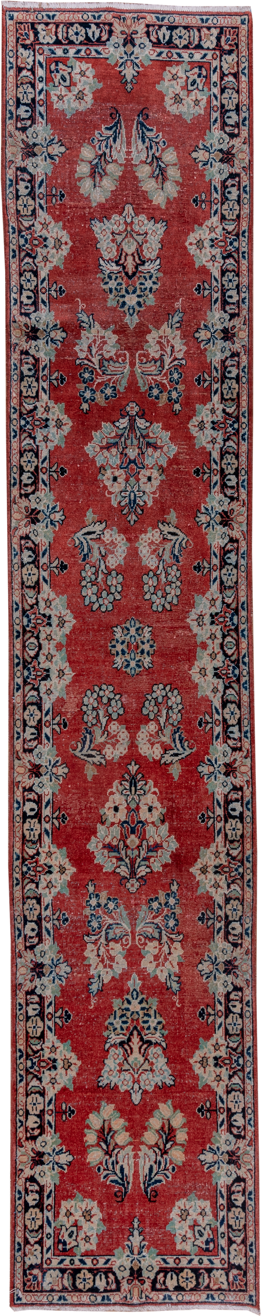 2' x 13' one-of-a-kind handmade vintage Mahal runner rug. Color palette: coral, ivory, navy, slate, rose, charcoal