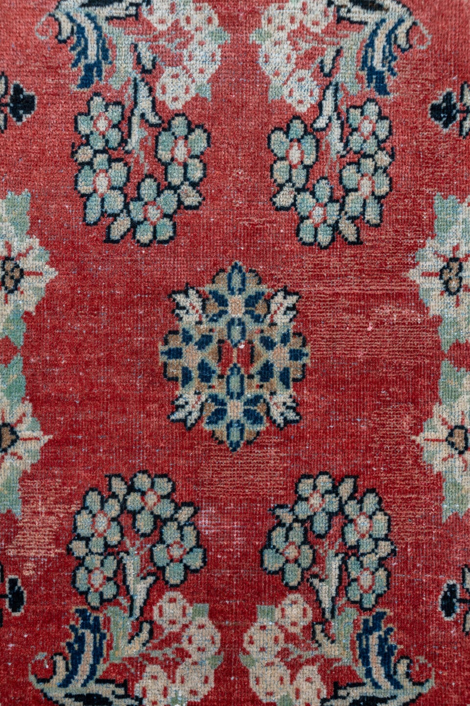 2' x 13' one-of-a-kind handmade vintage Mahal runner rug. Color palette: coral, ivory, navy, slate, rose, charcoal