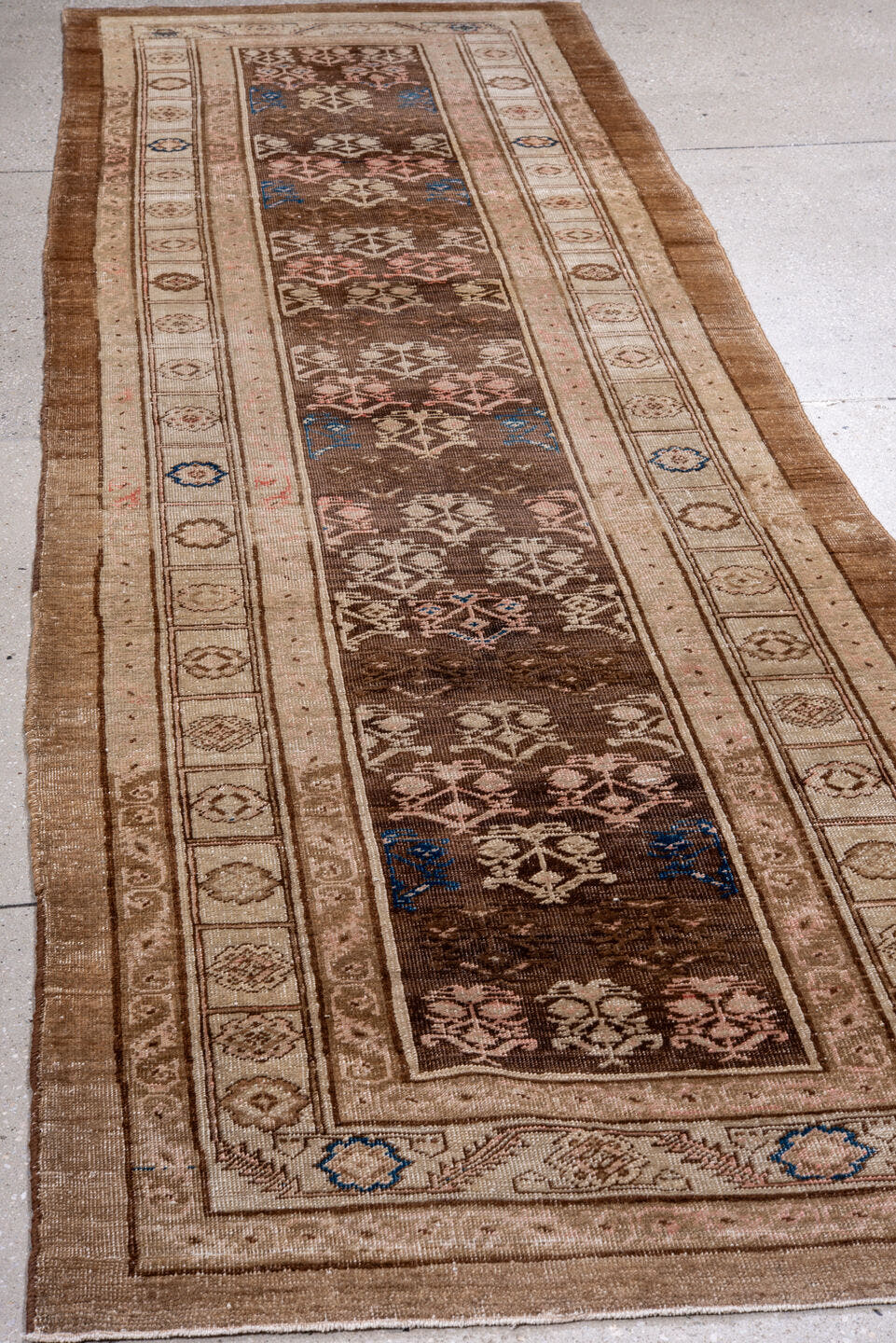 3' x 10' one-of-a-kind handmade antique Cam Hamadan runner rug. Color palette: brown, ivory, taupe, blue, rose, camel, beige