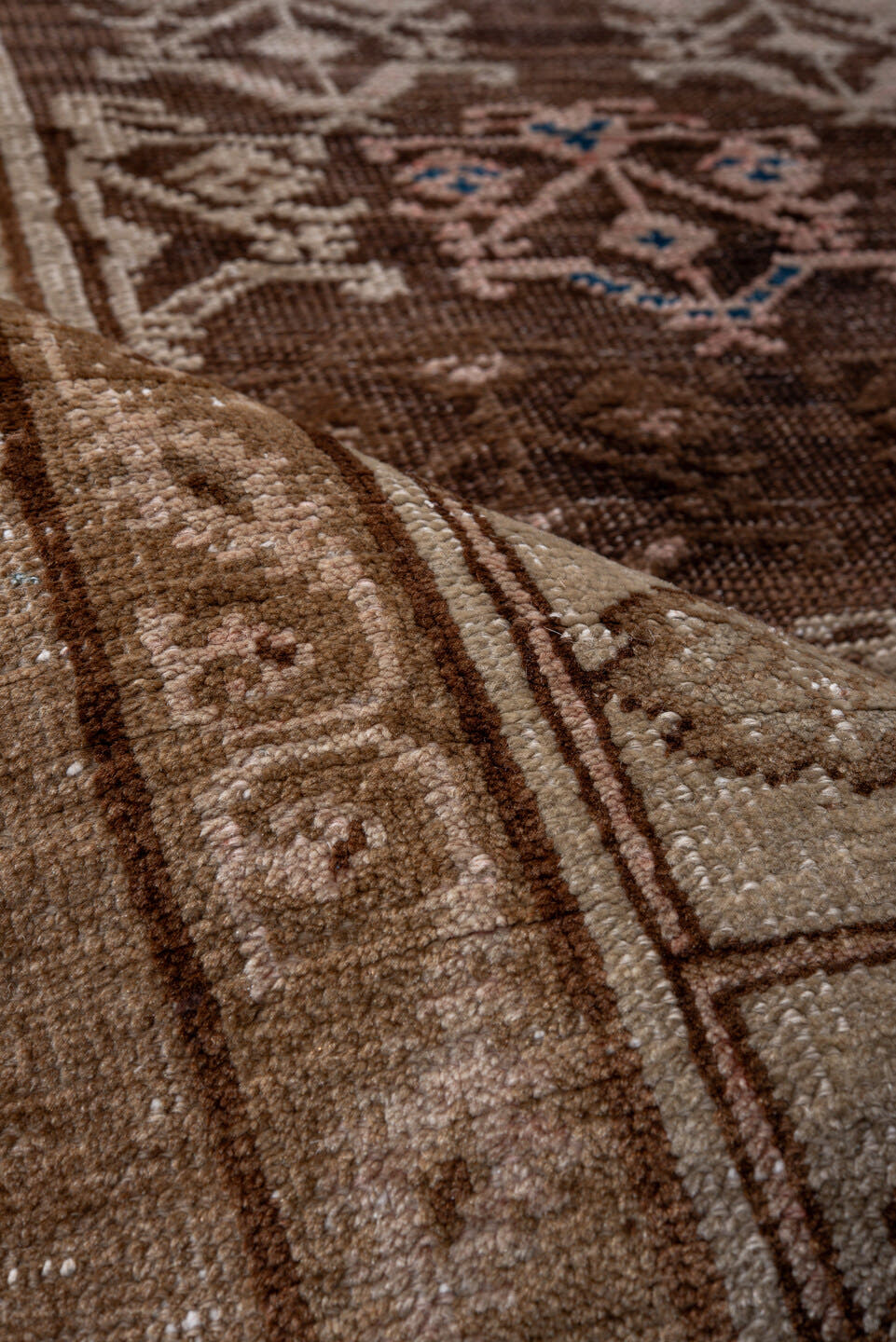 3' x 10' one-of-a-kind handmade antique Cam Hamadan runner rug. Color palette: brown, ivory, taupe, blue, rose, camel, beige