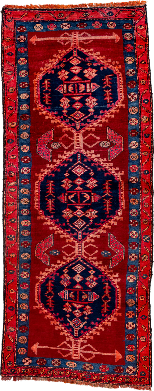 3' x 7' one-of-a-kind handmade vintage Kurd runner rug. Color palette: red, navy, ivory, coral, rose, sky_blue, rust, blue