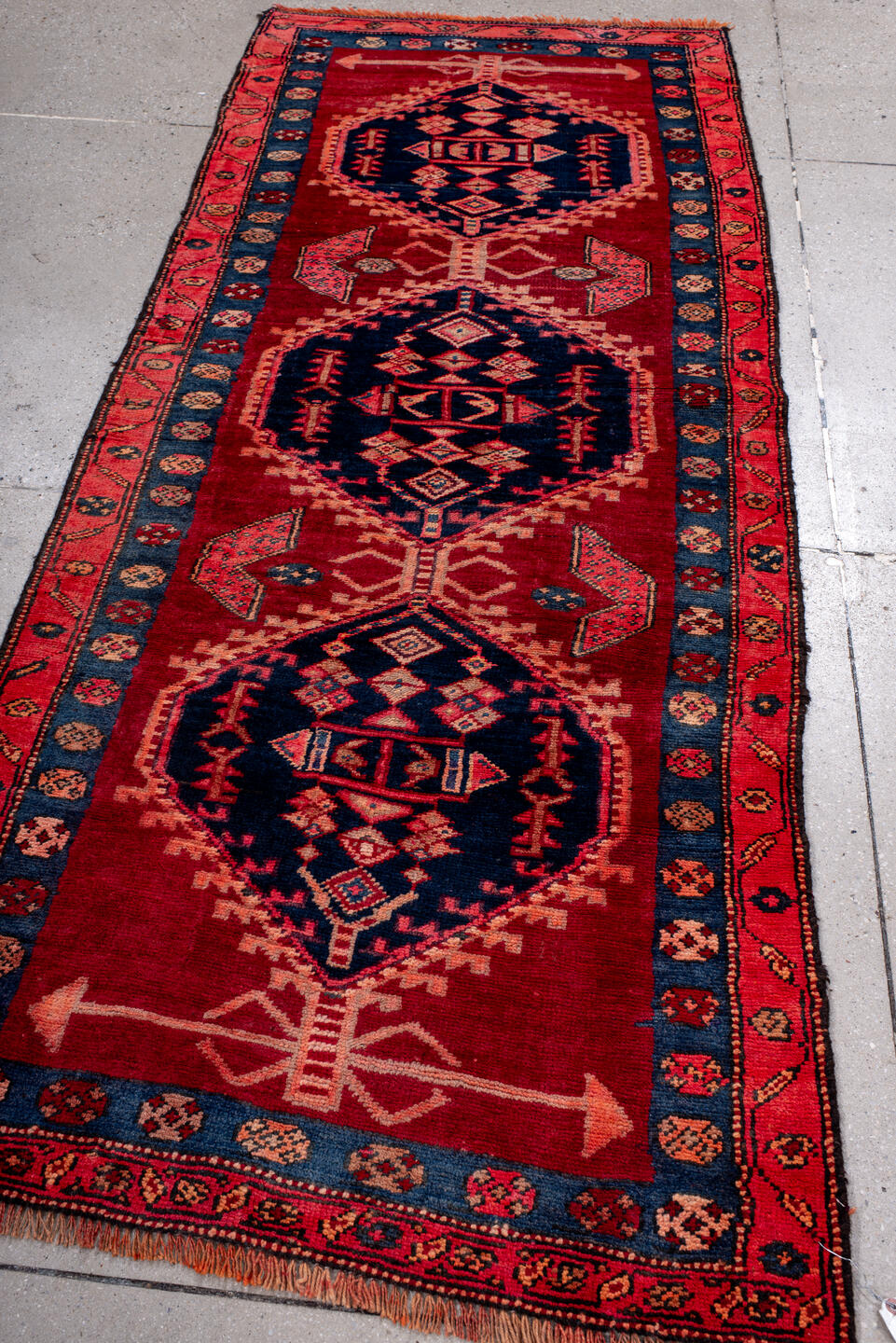 3' x 7' one-of-a-kind handmade vintage Kurd runner rug. Color palette: red, navy, ivory, coral, rose, sky_blue, rust, blue