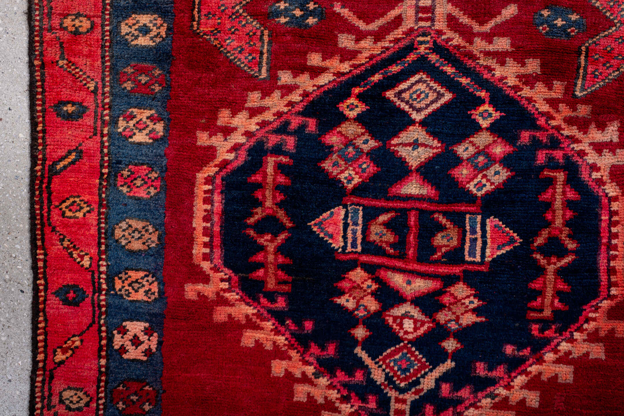 3' x 7' one-of-a-kind handmade vintage Kurd runner rug. Color palette: blue, brown, gray, pink, red
